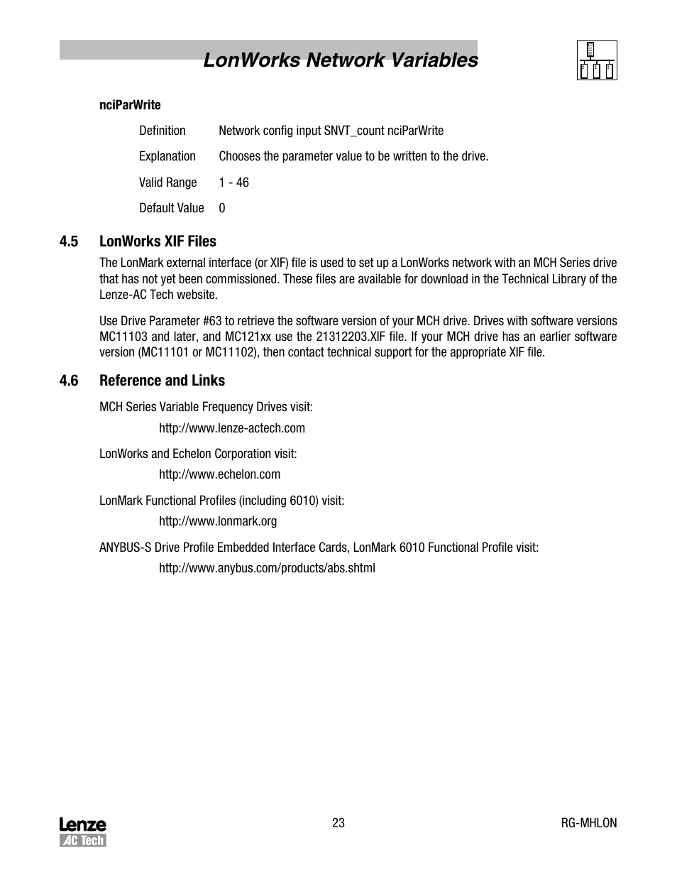 5 lonworks xif files, Lonworks xif files, Lonworks network variables | Lenze MCH Series Drives User Manual | Page 26 / 27