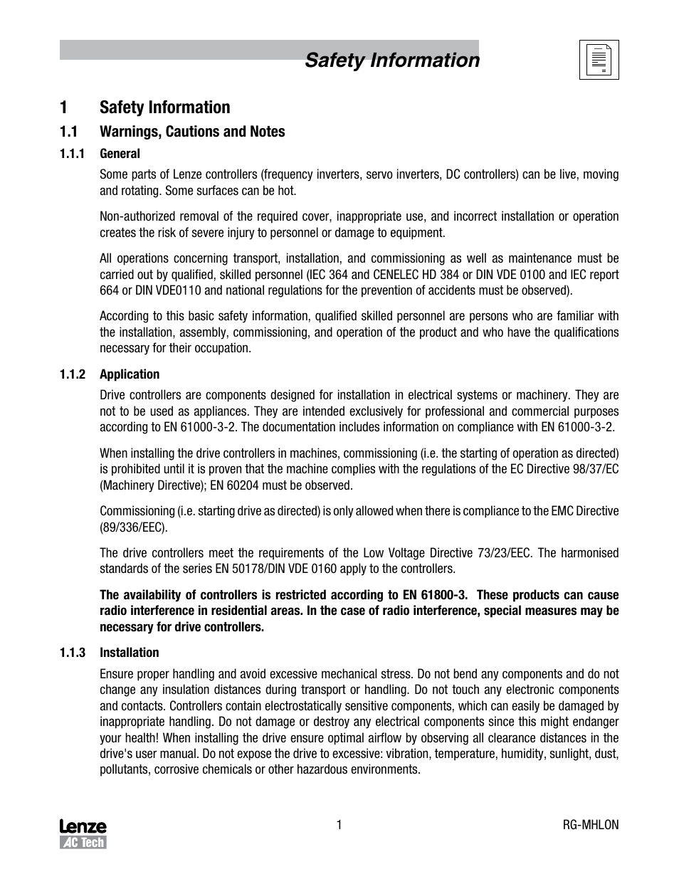 1 safety information, 1 warnings, cautions and notes, 1 general | 2 application, 3 installation, Safety information, 1safety information | Lenze MCH Series Drives User Manual | Page 4 / 27