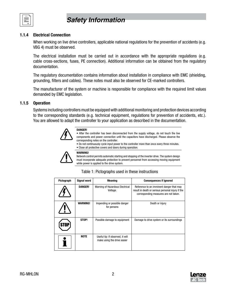 4 electrical connection, 5 operation, 4 electrical connection 1.1.5 operation | Safety information, Rg-mhlon 2, Table 1: pictographs used in these instructions | Lenze MCH Series Drives User Manual | Page 5 / 27