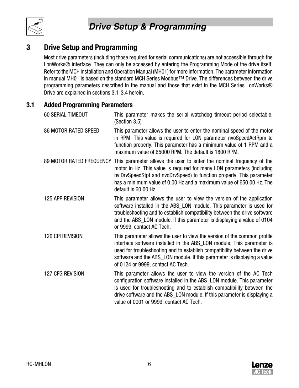 3 drive setup and programming, 1 added programming parameters, Added programming parameters | Drive setup & programming, 3drive setup and programming | Lenze MCH Series Drives User Manual | Page 9 / 27