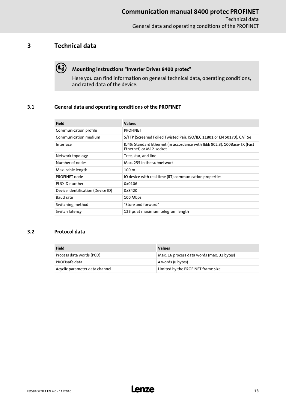 3 technical data, 2 protocol data, Technical data | Protocol data, Communication manual 8400 protec profinet, 3technical data | Lenze E84DxxxxxxxxxR User Manual | Page 13 / 84