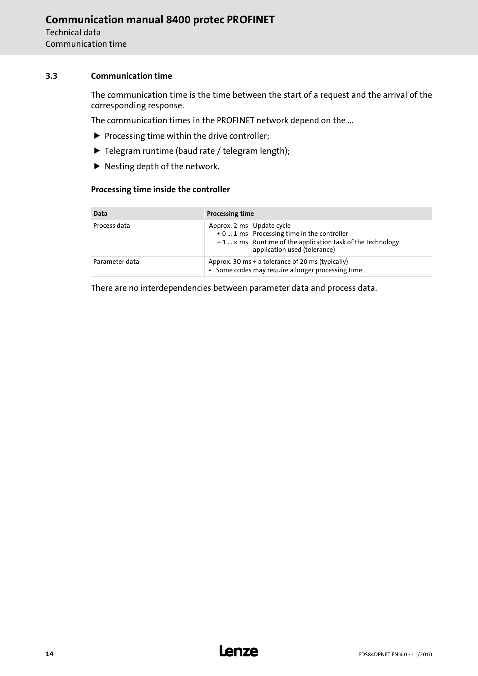 3 communication time, Communication time, Communication manual 8400 protec profinet | Lenze E84DxxxxxxxxxR User Manual | Page 14 / 84