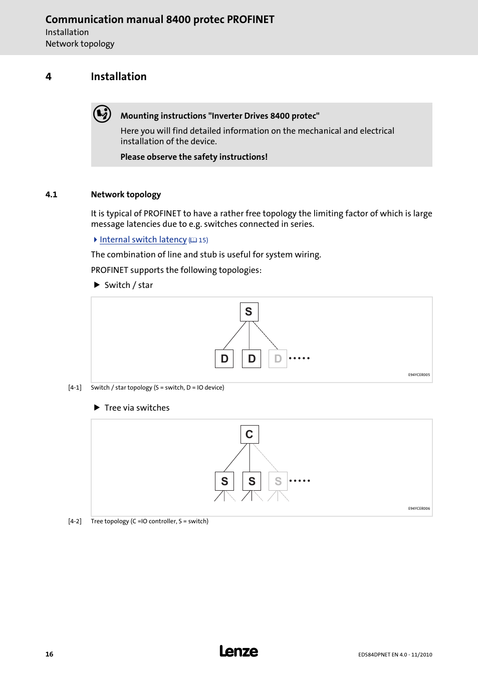 4 installation, 1 network topology, Installation | Network topology | Lenze E84DxxxxxxxxxR User Manual | Page 16 / 84