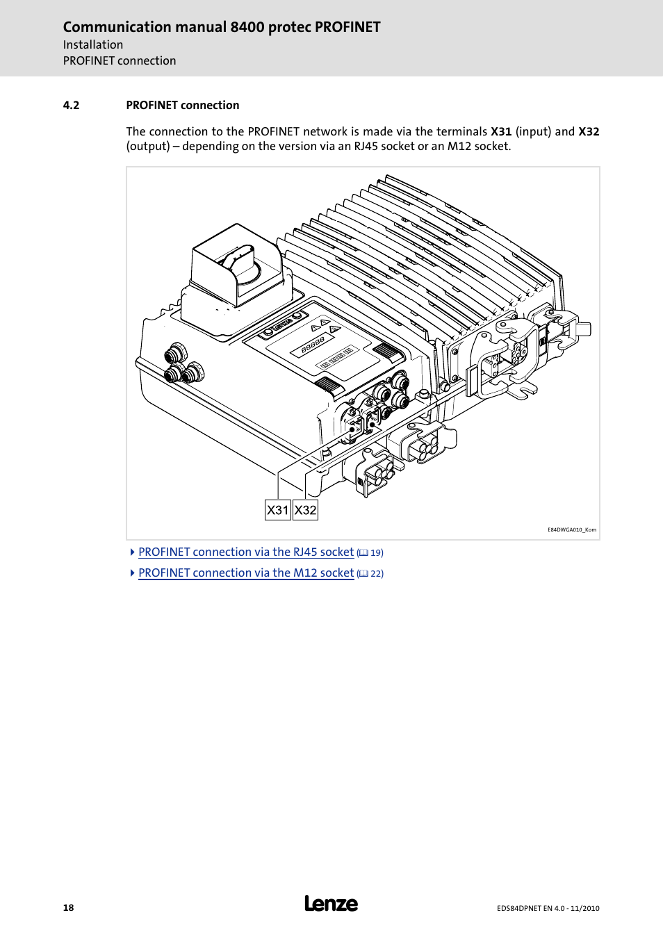 2 profinet connection, Profinet connection, Communication manual 8400 protec profinet | Lenze E84DxxxxxxxxxR User Manual | Page 18 / 84