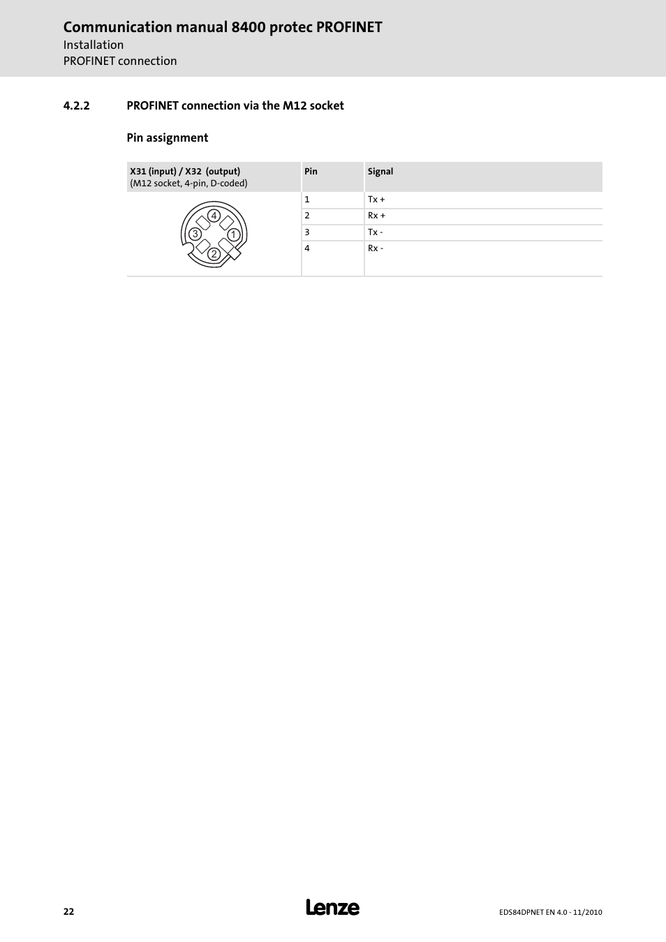 2 profinet connection via the m12 socket, Profinet connection via the m12 socket, Communication manual 8400 protec profinet | Lenze E84DxxxxxxxxxR User Manual | Page 22 / 84