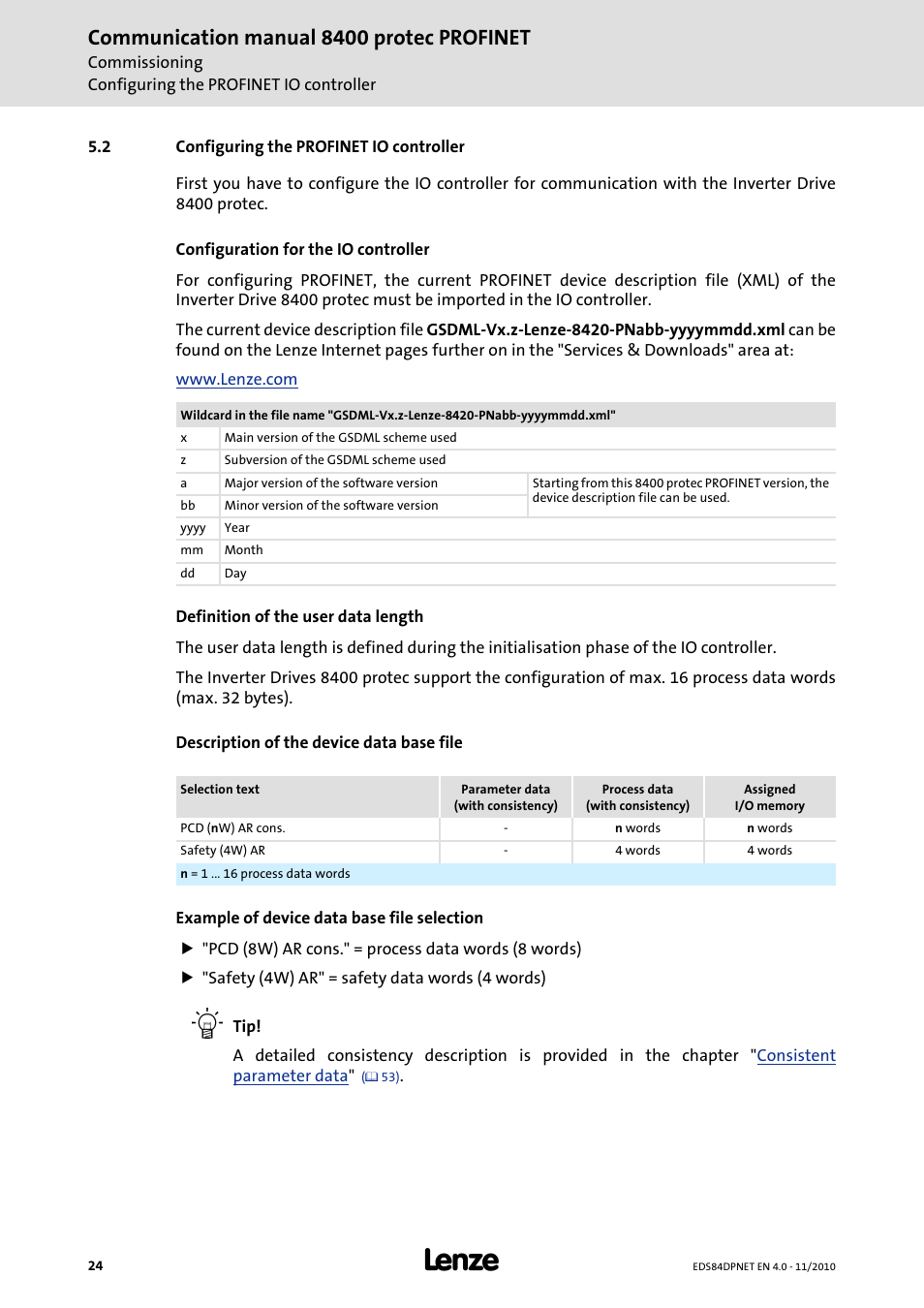 2 configuring the profinet io controller, Configuring the profinet io controller, Communication manual 8400 protec profinet | Lenze E84DxxxxxxxxxR User Manual | Page 24 / 84