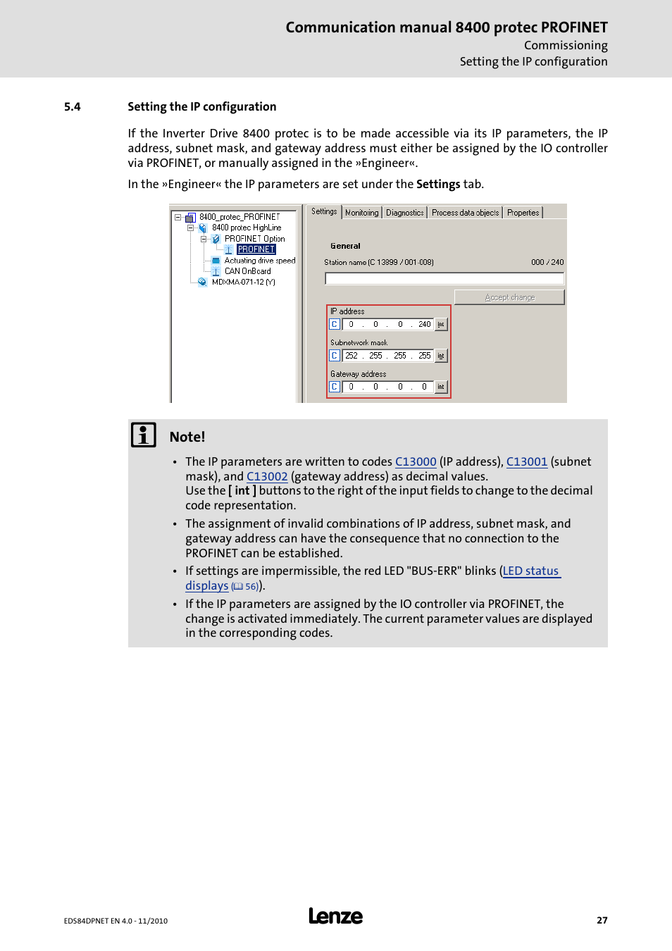 4 setting the ip configuration, Setting the ip configuration, Communication manual 8400 protec profinet | Lenze E84DxxxxxxxxxR User Manual | Page 27 / 84