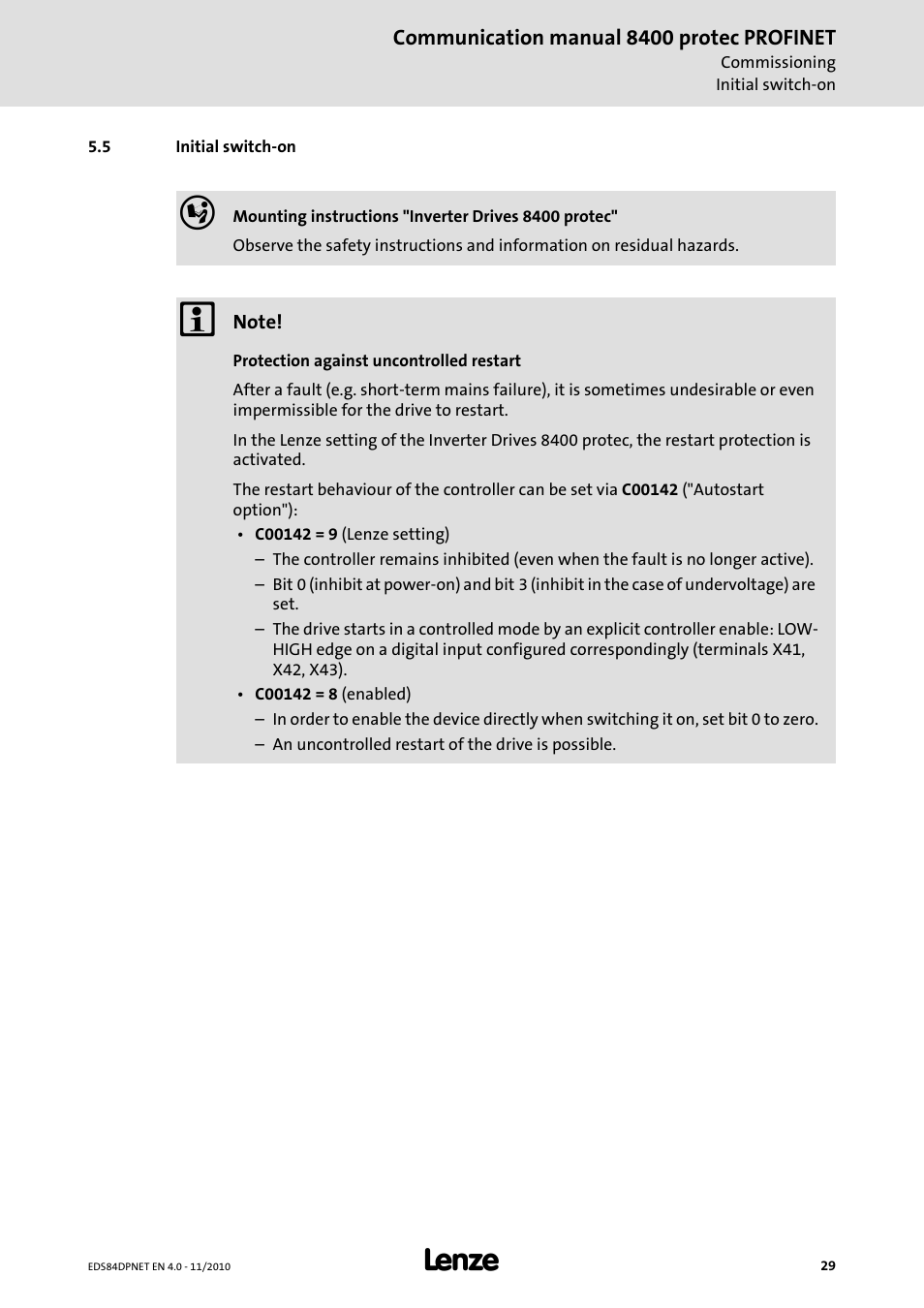 5 initial switch-on, Initial switch-on | Lenze E84DxxxxxxxxxR User Manual | Page 29 / 84