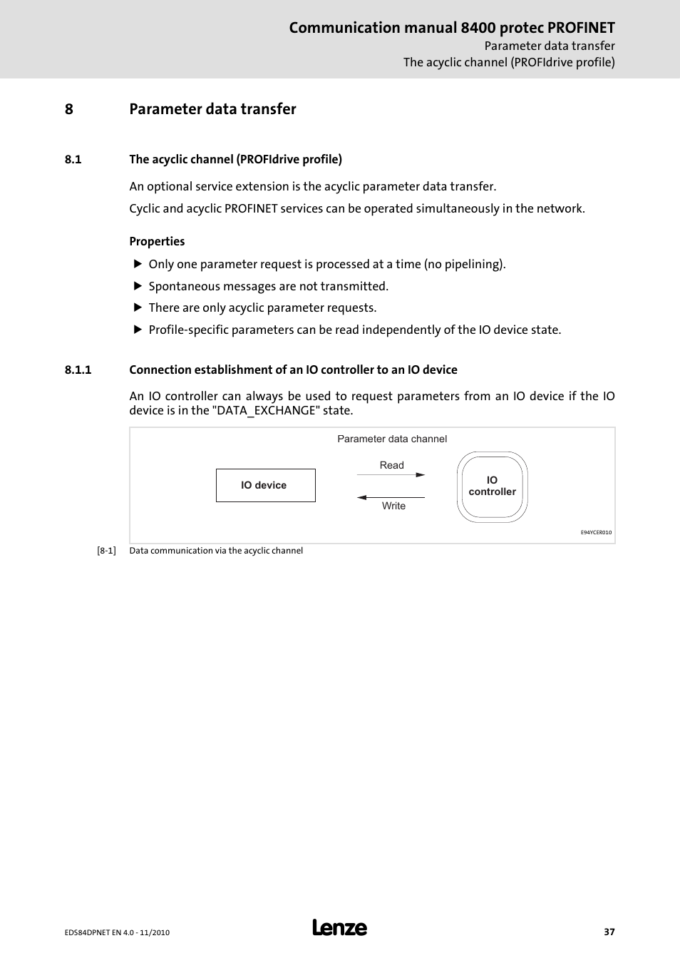 8 parameter data transfer, 1 the acyclic channel (profidrive profile), Parameter data transfer | The acyclic channel (profidrive profile), Communication manual 8400 protec profinet, 8parameter data transfer | Lenze E84DxxxxxxxxxR User Manual | Page 37 / 84