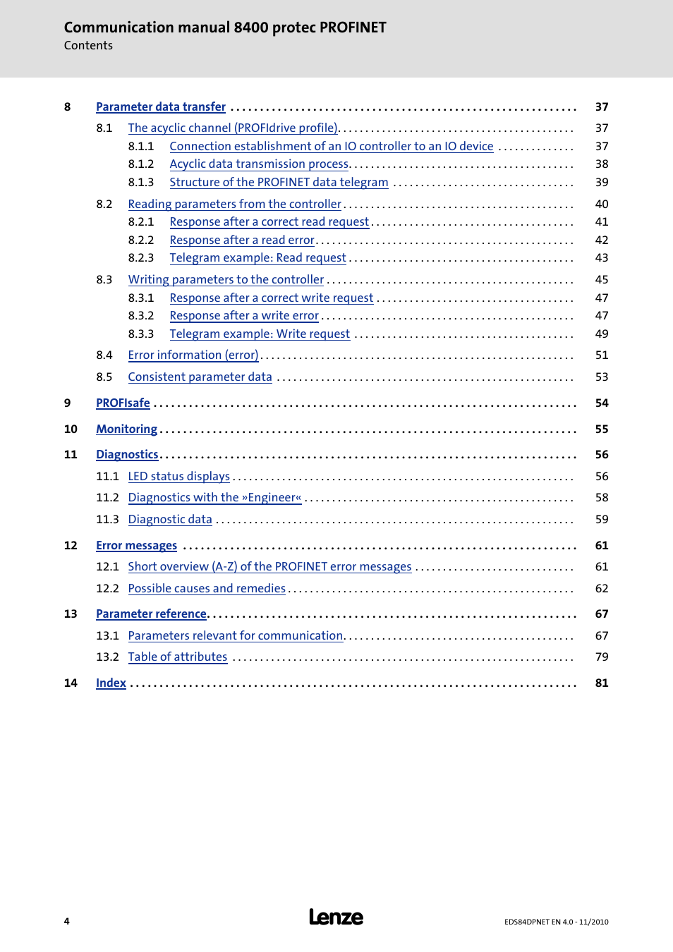 Communication manual 8400 protec profinet | Lenze E84DxxxxxxxxxR User Manual | Page 4 / 84