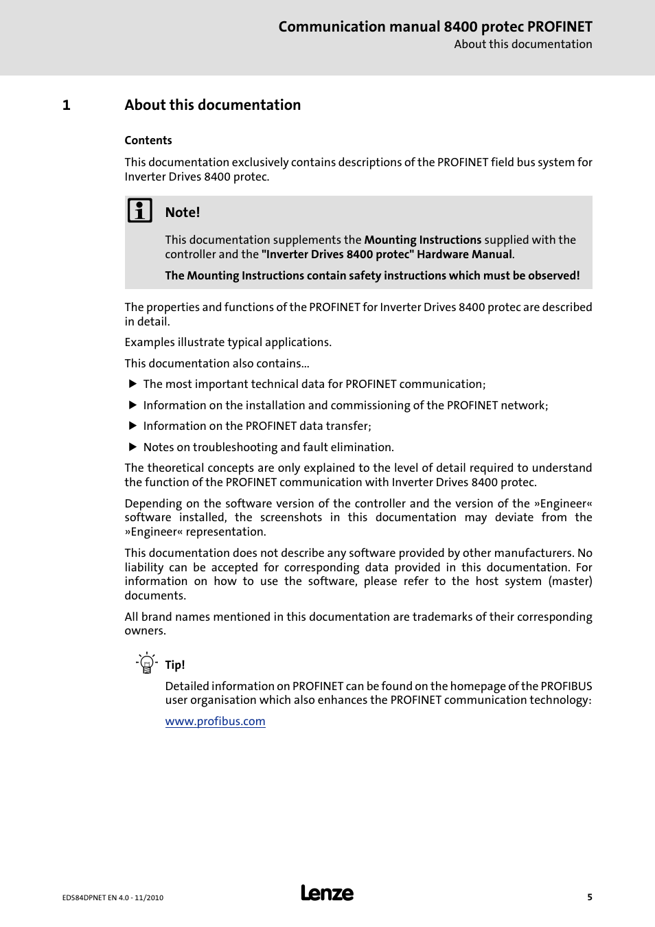 1 about this documentation, About this documentation | Lenze E84DxxxxxxxxxR User Manual | Page 5 / 84