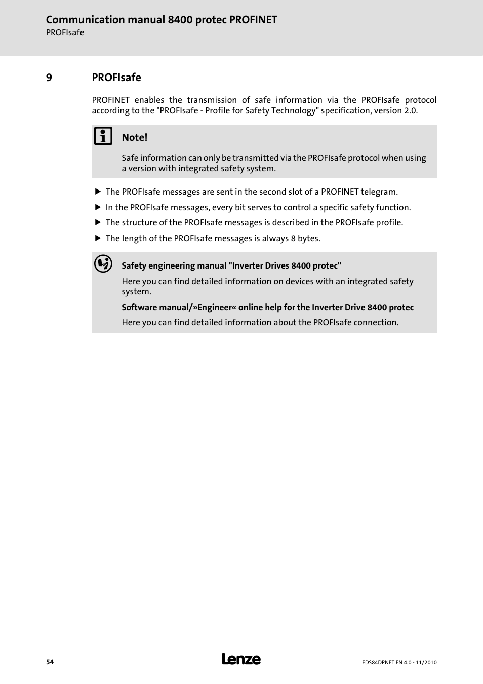 9 profisafe, Profisafe | Lenze E84DxxxxxxxxxR User Manual | Page 54 / 84