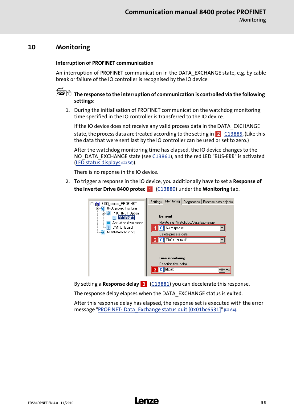 10 monitoring, Monitoring, Communication manual 8400 protec profinet | Lenze E84DxxxxxxxxxR User Manual | Page 55 / 84