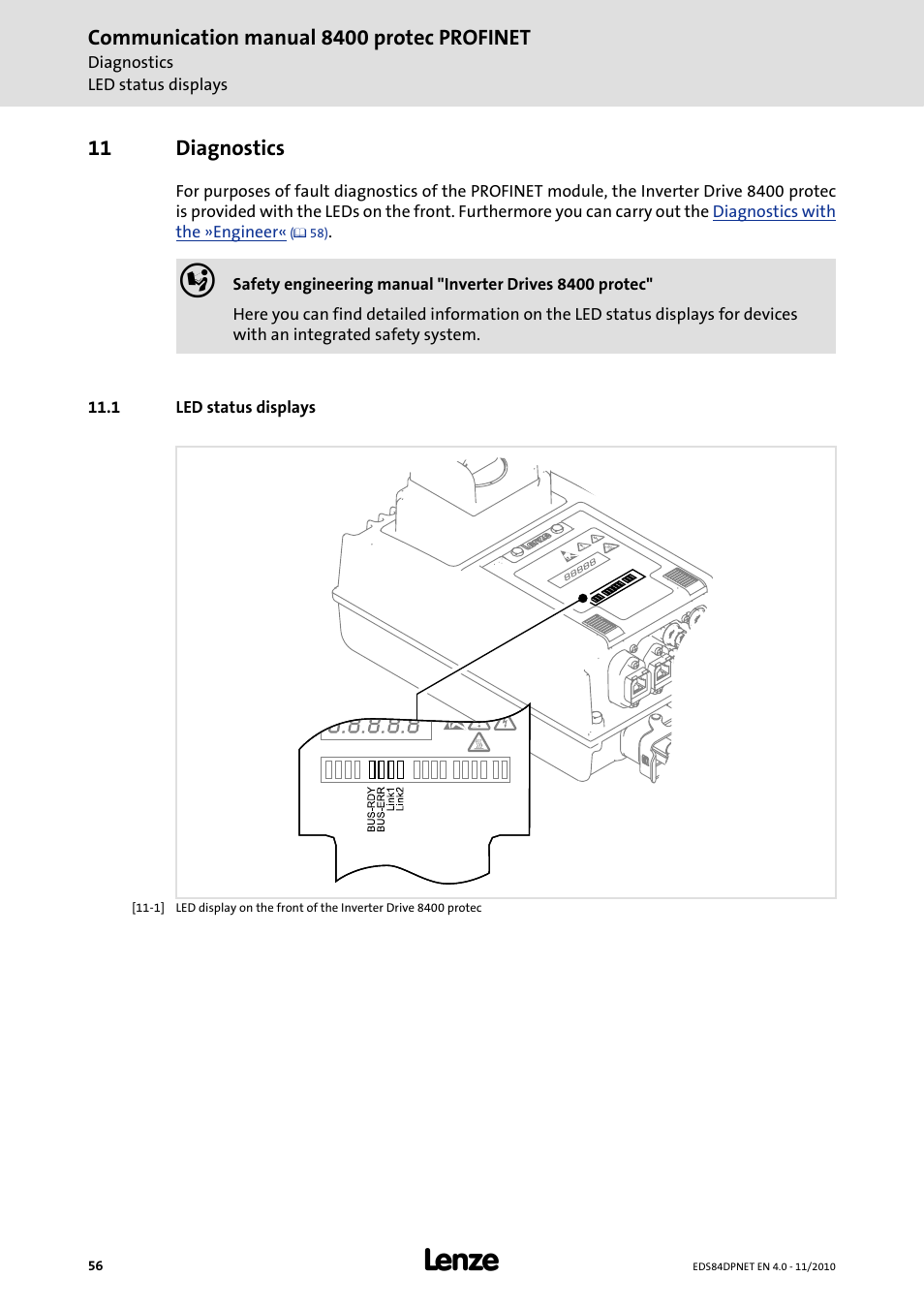 11 diagnostics, 1 led status displays, Diagnostics | Led status displays, Execution, Led status, Displays | Lenze E84DxxxxxxxxxR User Manual | Page 56 / 84