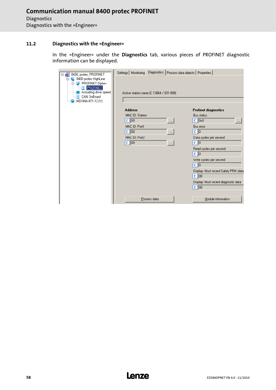 2 diagnostics with the »engineer, Diagnostics with the »engineer | Lenze E84DxxxxxxxxxR User Manual | Page 58 / 84