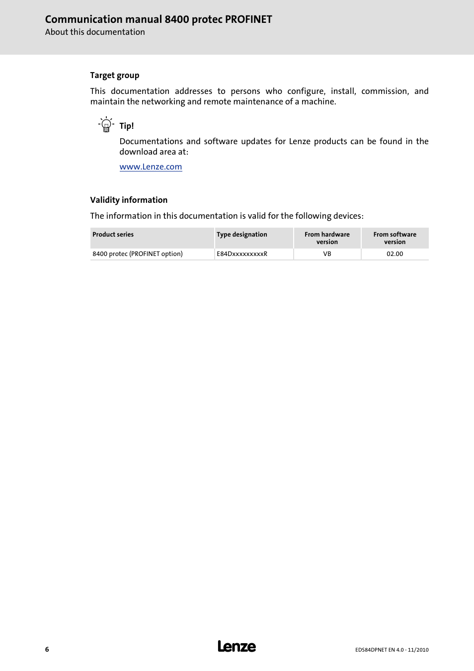 Communication manual 8400 protec profinet | Lenze E84DxxxxxxxxxR User Manual | Page 6 / 84