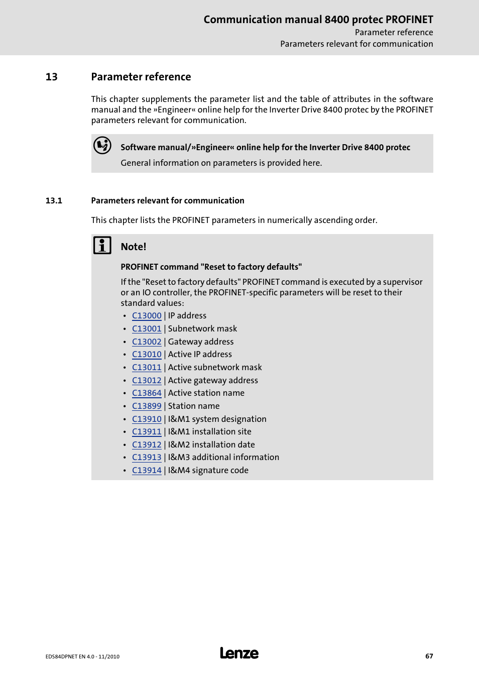 13 parameter reference, 1 parameters relevant for communication, Parameter reference | Parameters relevant for communication, Communication manual 8400 protec profinet | Lenze E84DxxxxxxxxxR User Manual | Page 67 / 84