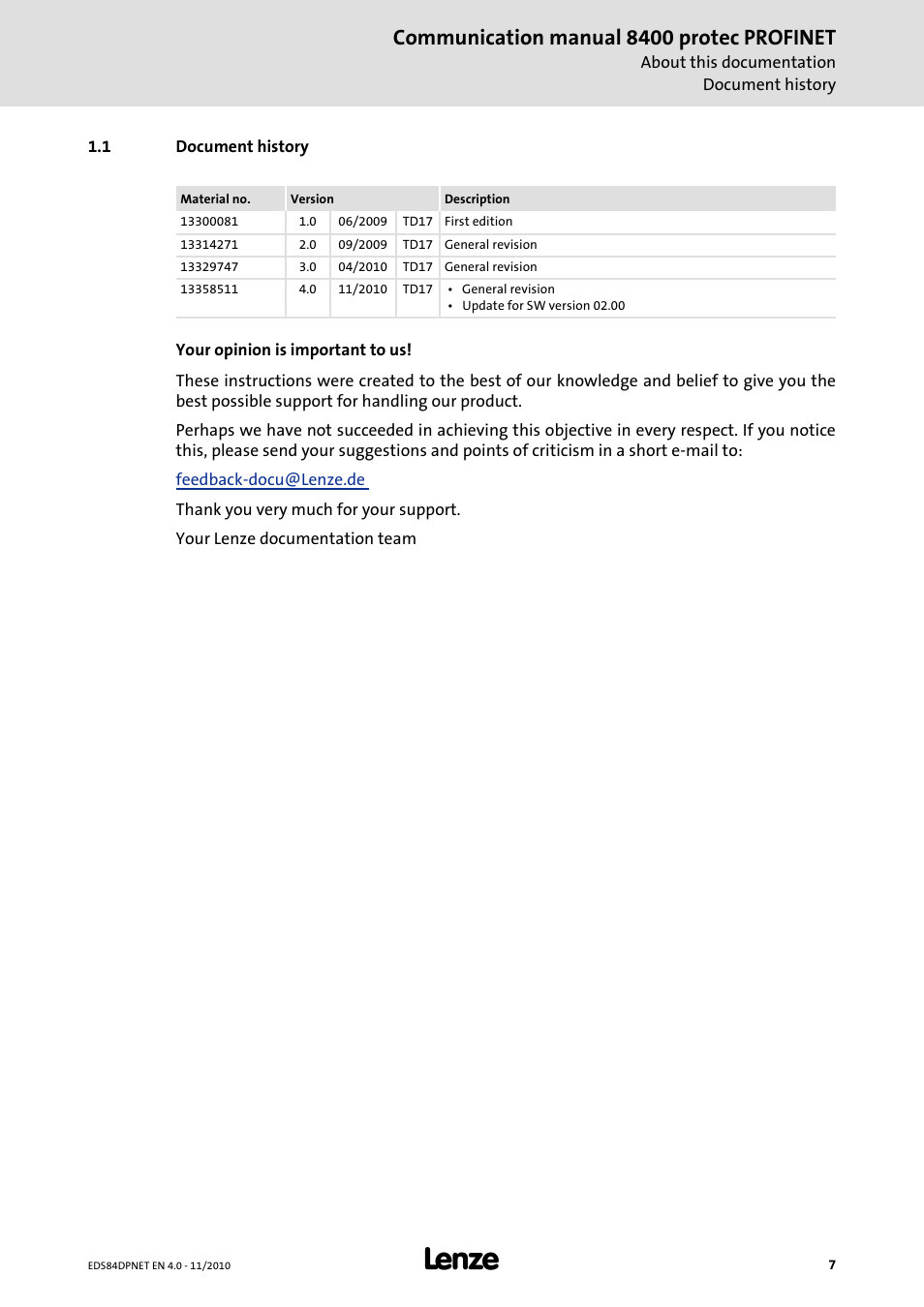 1 document history, Document history, Communication manual 8400 protec profinet | Lenze E84DxxxxxxxxxR User Manual | Page 7 / 84