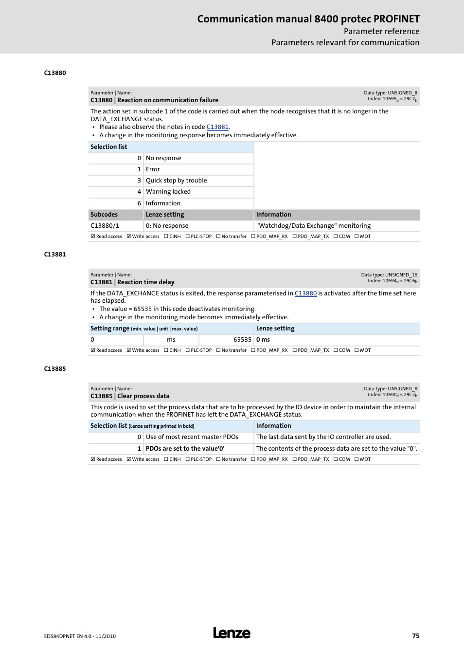 C13880 | reaction on communication failure, C13881 | reaction time delay, C13885 | clear process data | C13885, C13880, Under the, C13881, C13880/1, Communication manual 8400 protec profinet | Lenze E84DxxxxxxxxxR User Manual | Page 75 / 84