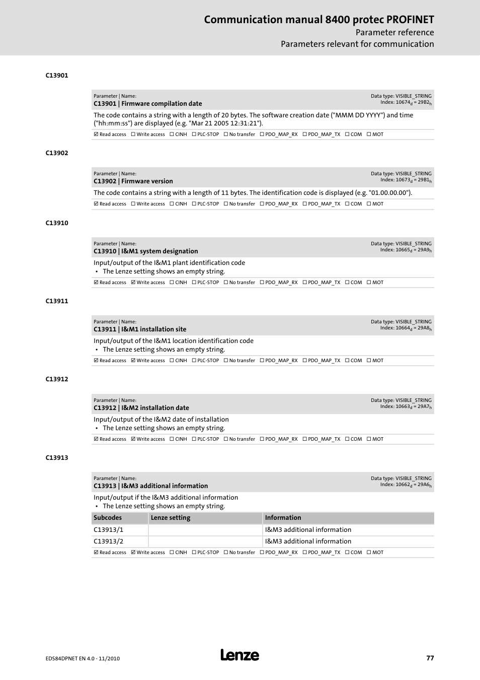 C13901 | firmware compilation date, C13902 | firmware version, C13910 | i&m1 system designation | C13911 | i&m1 installation site, C13912 | i&m2 installation date, C13913 | i&m3 additional information, C13910, C13911, C13912, C13913 | Lenze E84DxxxxxxxxxR User Manual | Page 77 / 84
