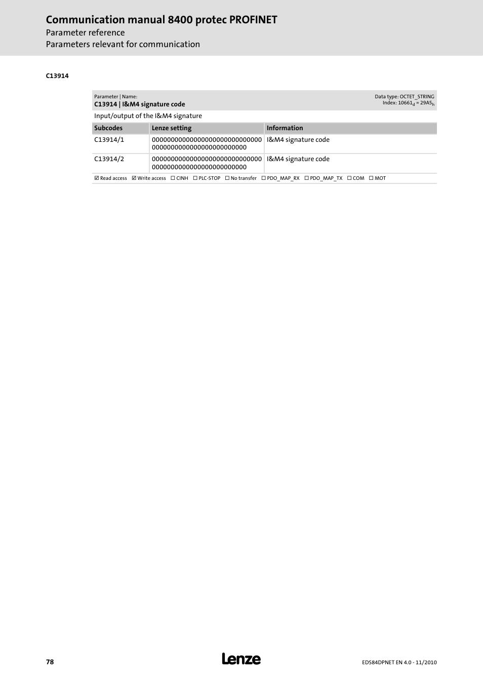 C13914 | i&m4 signature code, C13914, Communication manual 8400 protec profinet | Lenze E84DxxxxxxxxxR User Manual | Page 78 / 84