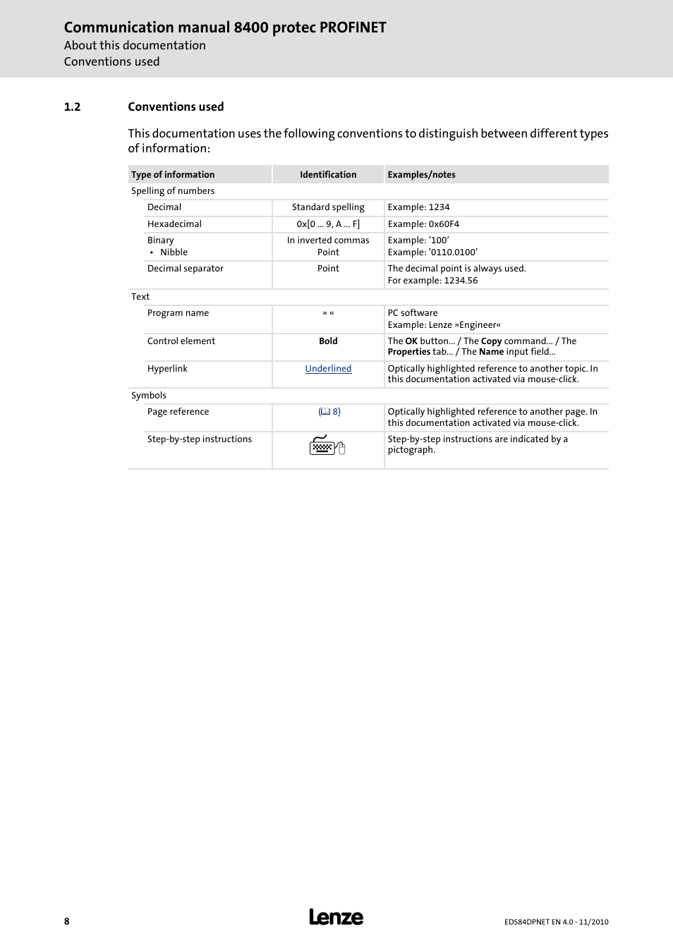 2 conventions used, Conventions used, Communication manual 8400 protec profinet | Lenze E84DxxxxxxxxxR User Manual | Page 8 / 84