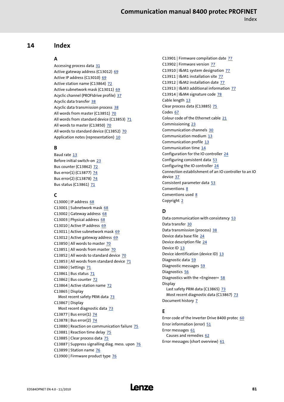 14 index, Index, Communication manual 8400 protec profinet | Lenze E84DxxxxxxxxxR User Manual | Page 81 / 84