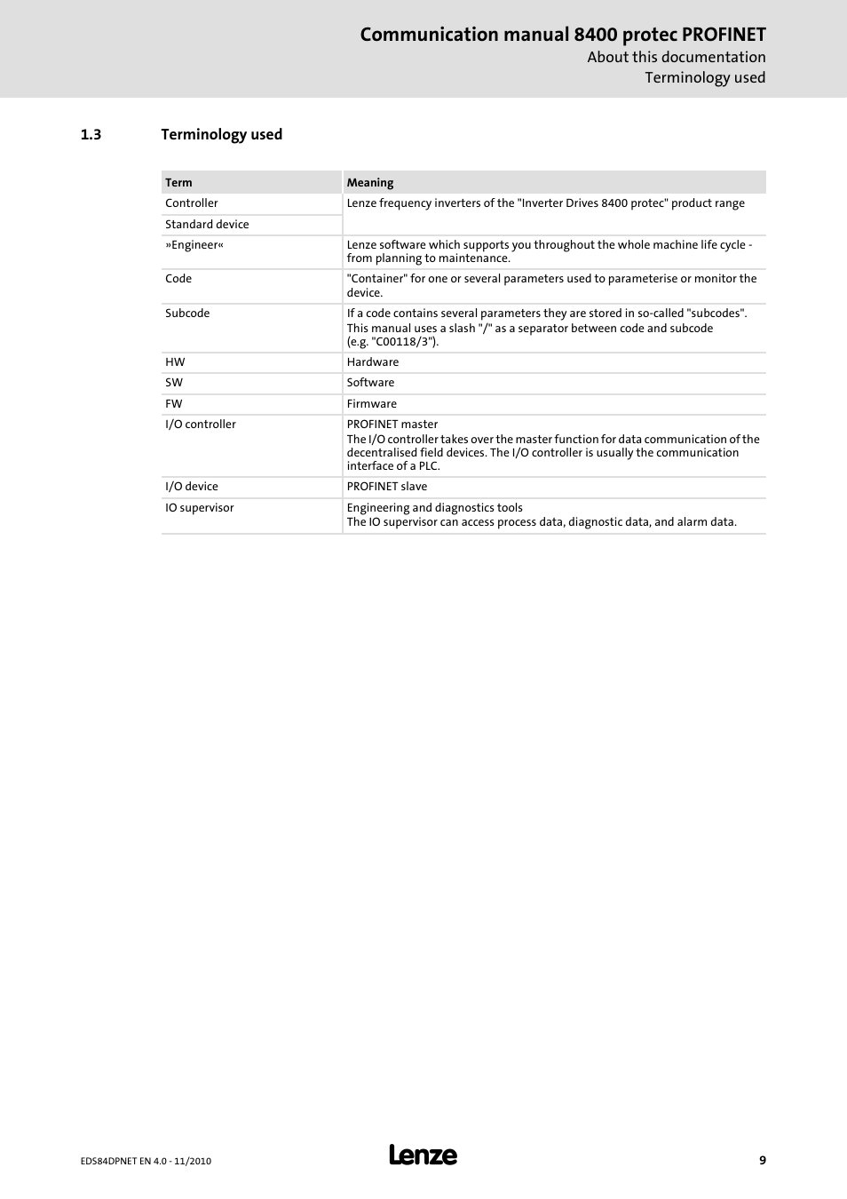 3 terminology used, Terminology used, Communication manual 8400 protec profinet | Lenze E84DxxxxxxxxxR User Manual | Page 9 / 84