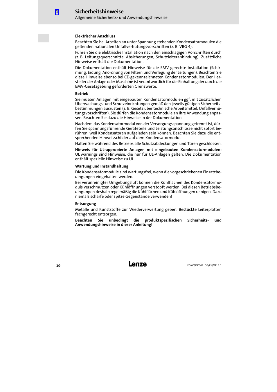 Sicherheitshinweise | Lenze ECSDKxxx User Manual | Page 10 / 94