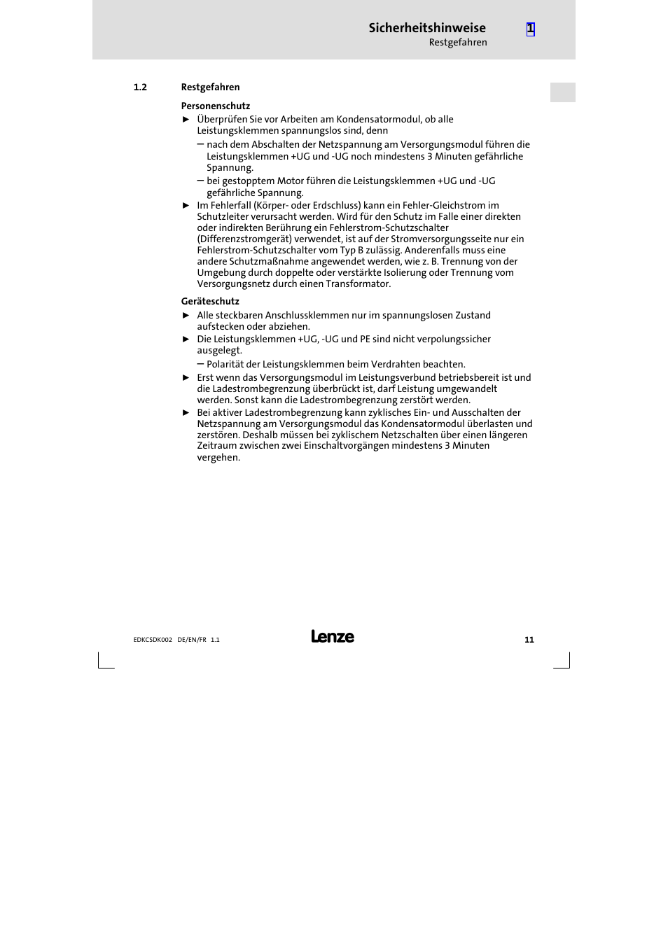 2 restgefahren, Restgefahren, Sicherheitshinweise | Lenze ECSDKxxx User Manual | Page 11 / 94