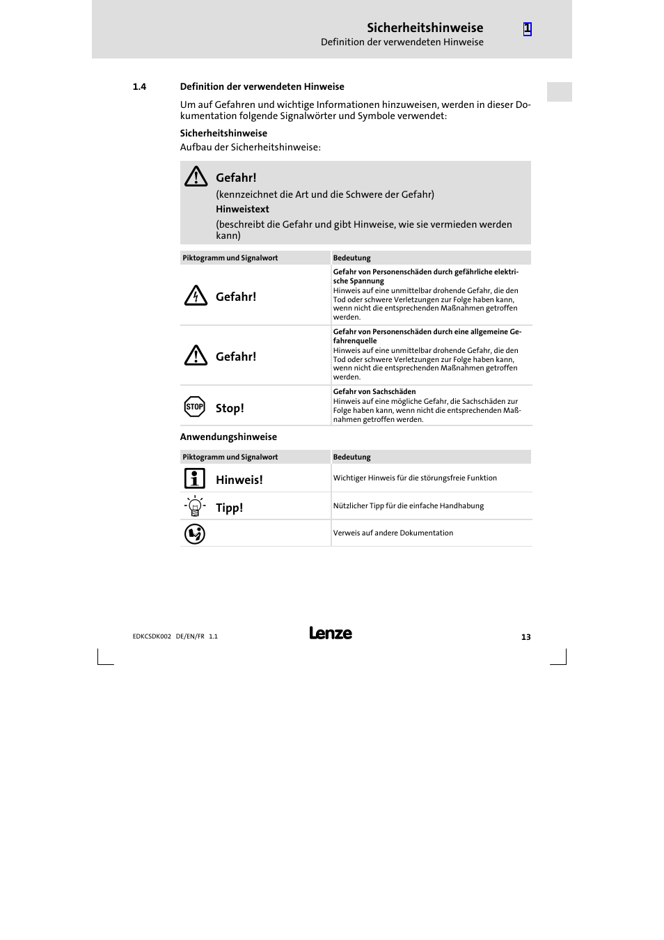4 definition der verwendeten hinweise, Definition der verwendeten hinweise | Lenze ECSDKxxx User Manual | Page 13 / 94