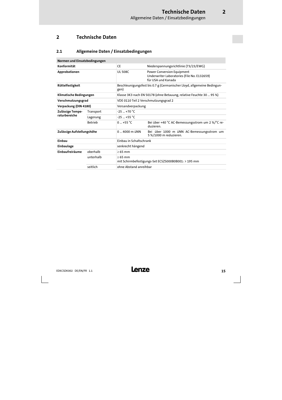 2 technische daten, 1 allgemeine daten / einsatzbedingungen, Technische daten | Allgemeine daten / einsatzbedingungen, 2technische daten | Lenze ECSDKxxx User Manual | Page 15 / 94