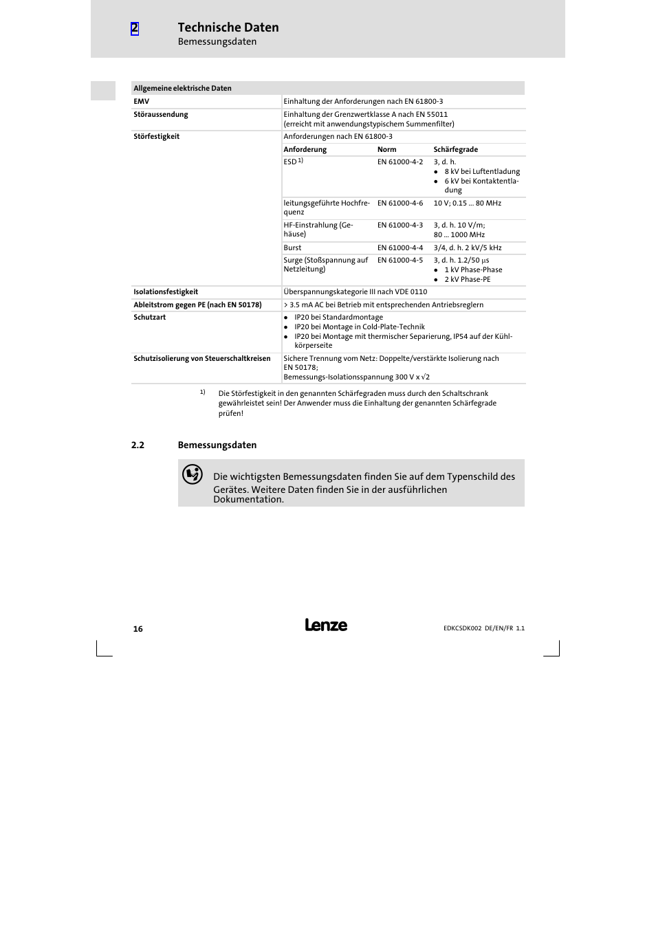 2 bemessungsdaten, Bemessungsdaten, Technische daten | Lenze ECSDKxxx User Manual | Page 16 / 94