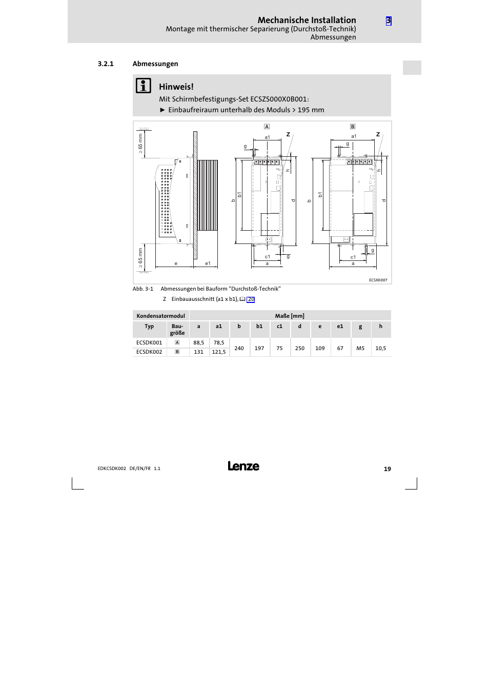 1 abmessungen, Abmessungen, Mechanische installation | Hinweis | Lenze ECSDKxxx User Manual | Page 19 / 94