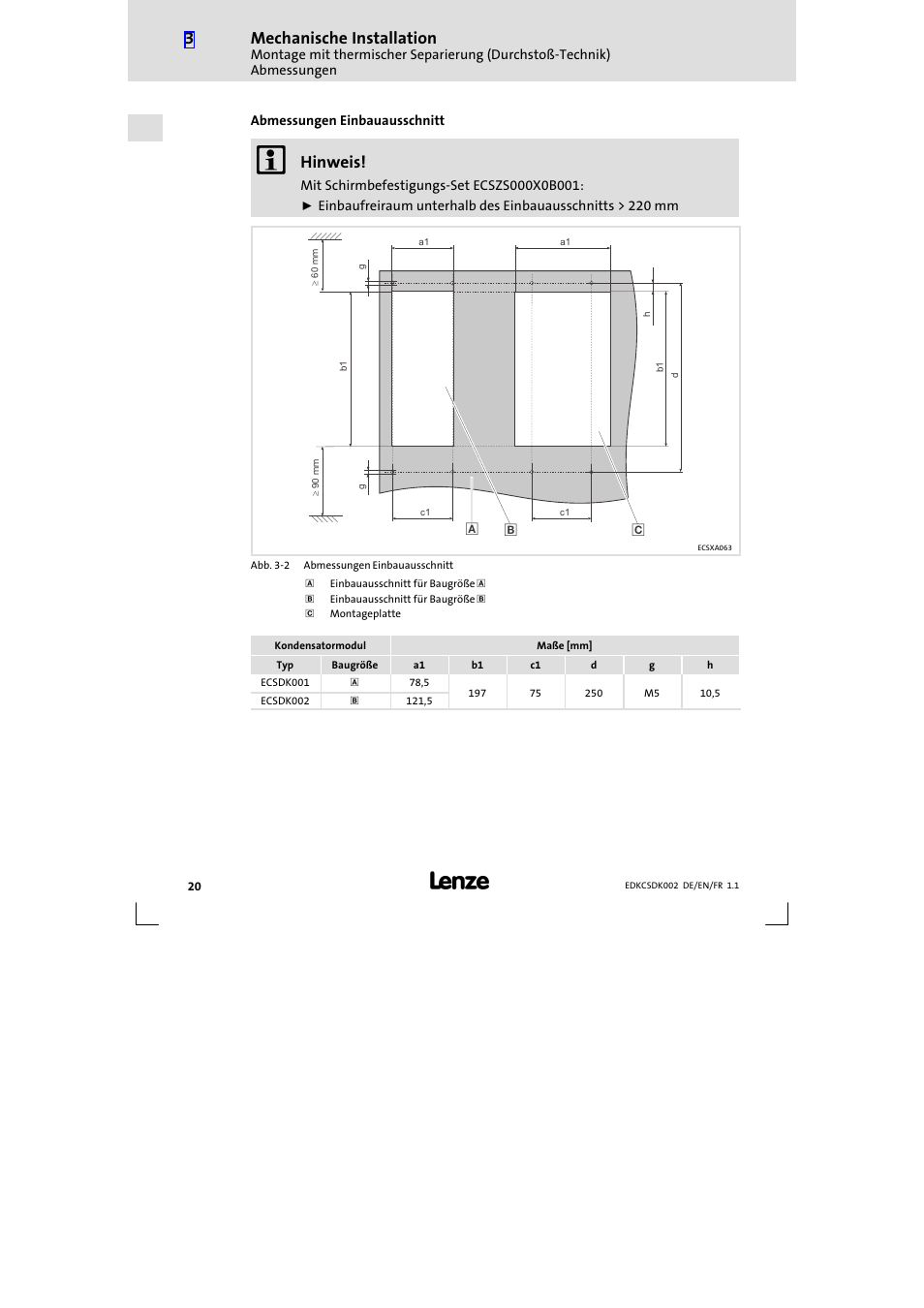 Mechanische installation, Hinweis | Lenze ECSDKxxx User Manual | Page 20 / 94