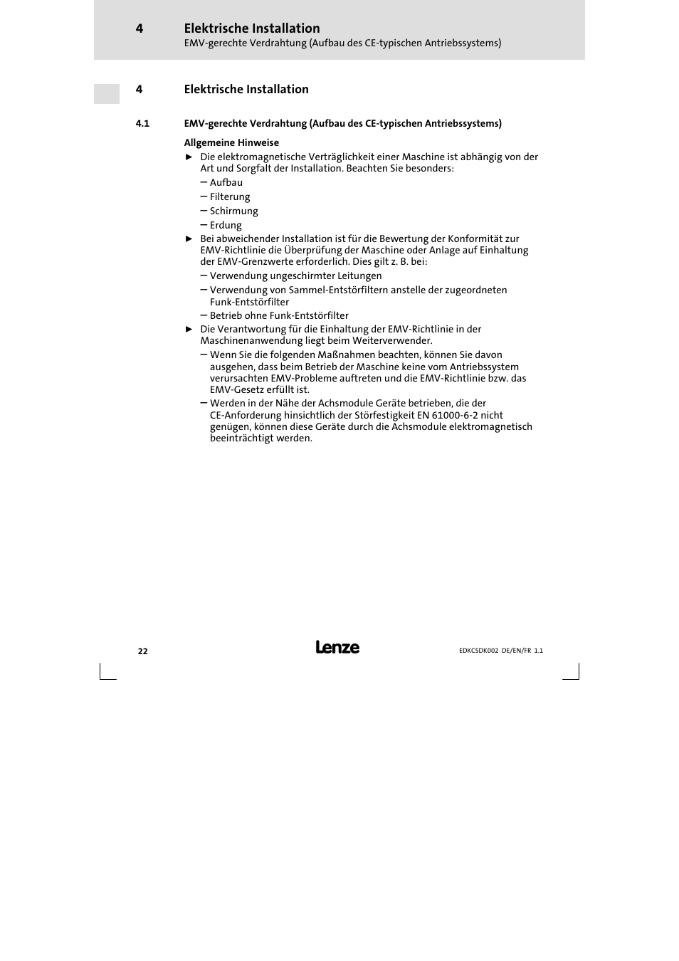 4 elektrische installation, Elektrische installation | Lenze ECSDKxxx User Manual | Page 22 / 94