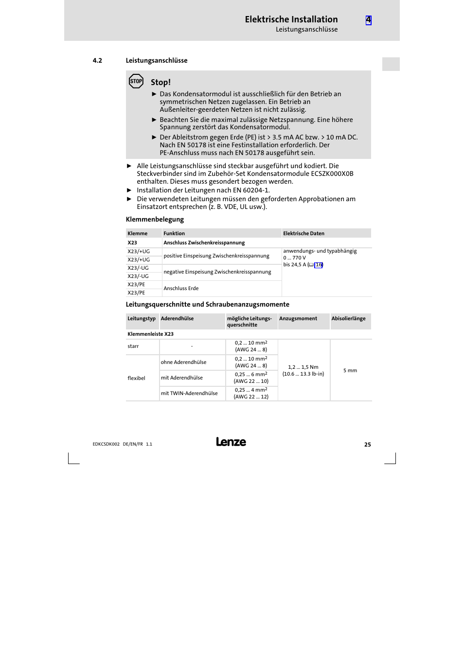 2 leistungsanschlüsse, Leistungsanschlüsse, Elektrische installation | Stop | Lenze ECSDKxxx User Manual | Page 25 / 94