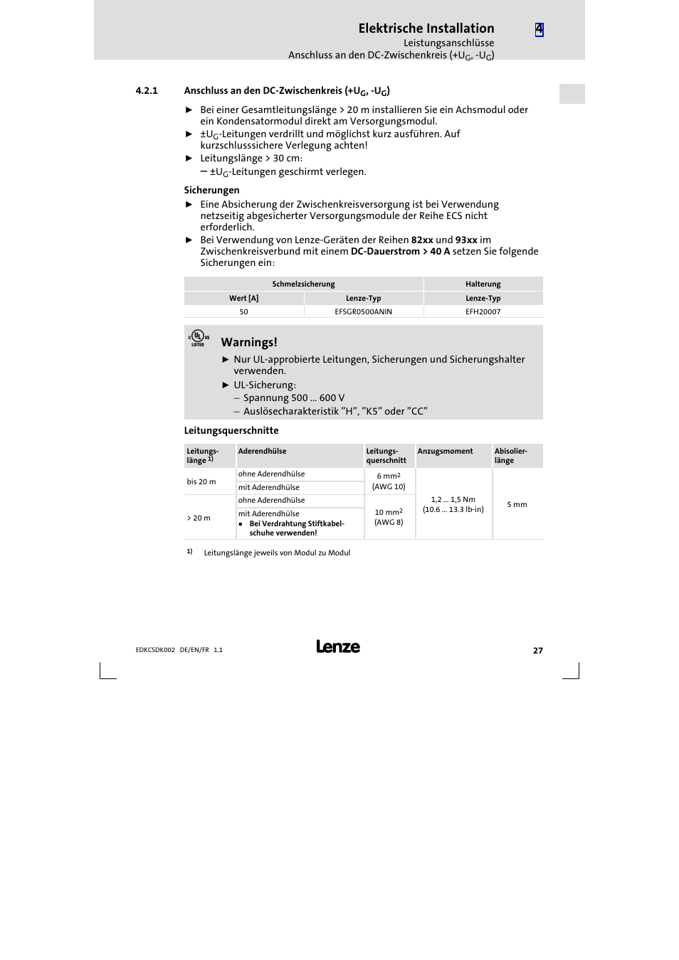 1 anschluss an den dc-zwischenkreis (+ug, -ug), Anschluss an den dc−zwischenkreis (+ug, −ug), Elektrische installation | Warnings | Lenze ECSDKxxx User Manual | Page 27 / 94