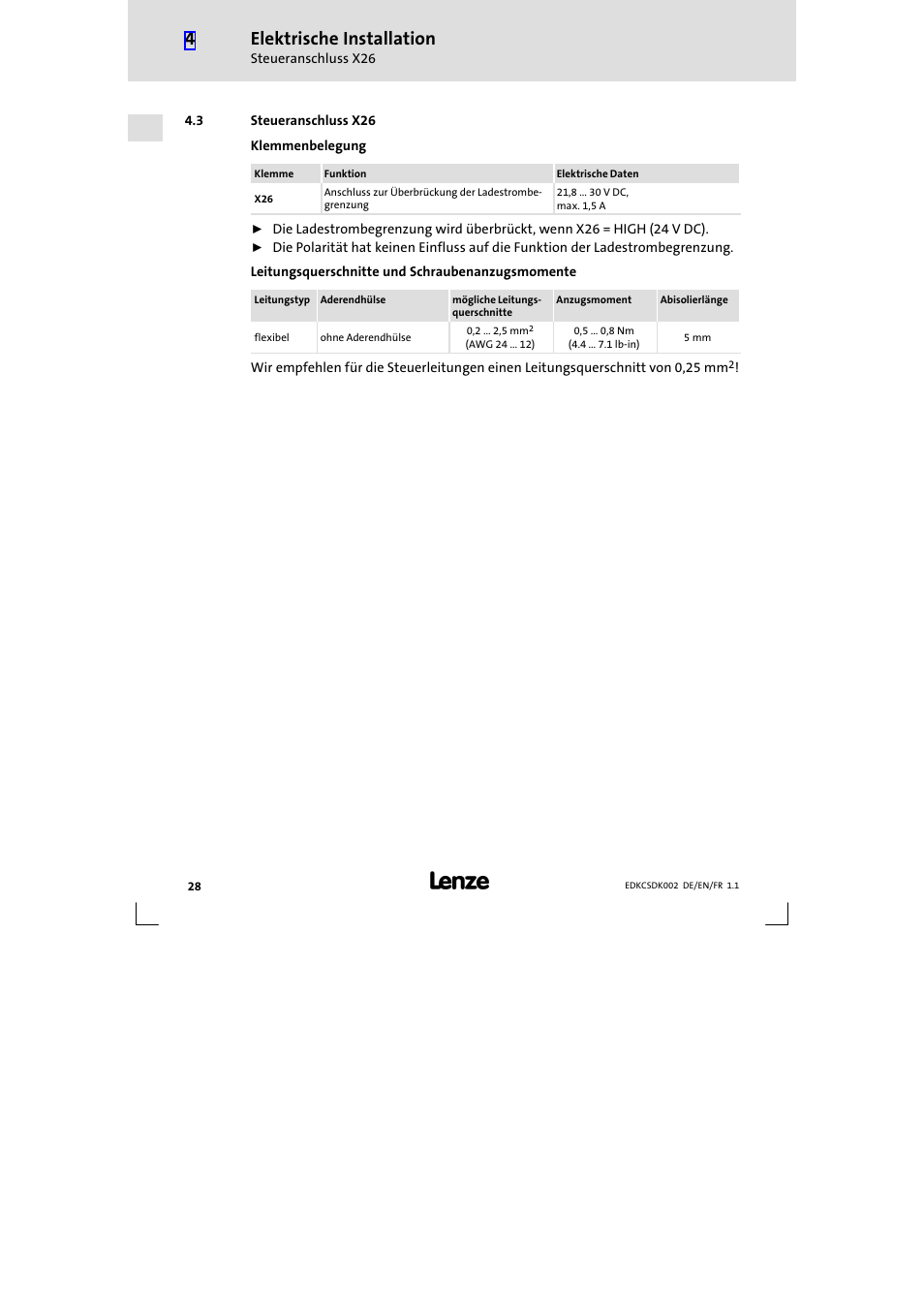 3 steueranschluss x26, Steueranschluss x26, Elektrische installation | Lenze ECSDKxxx User Manual | Page 28 / 94