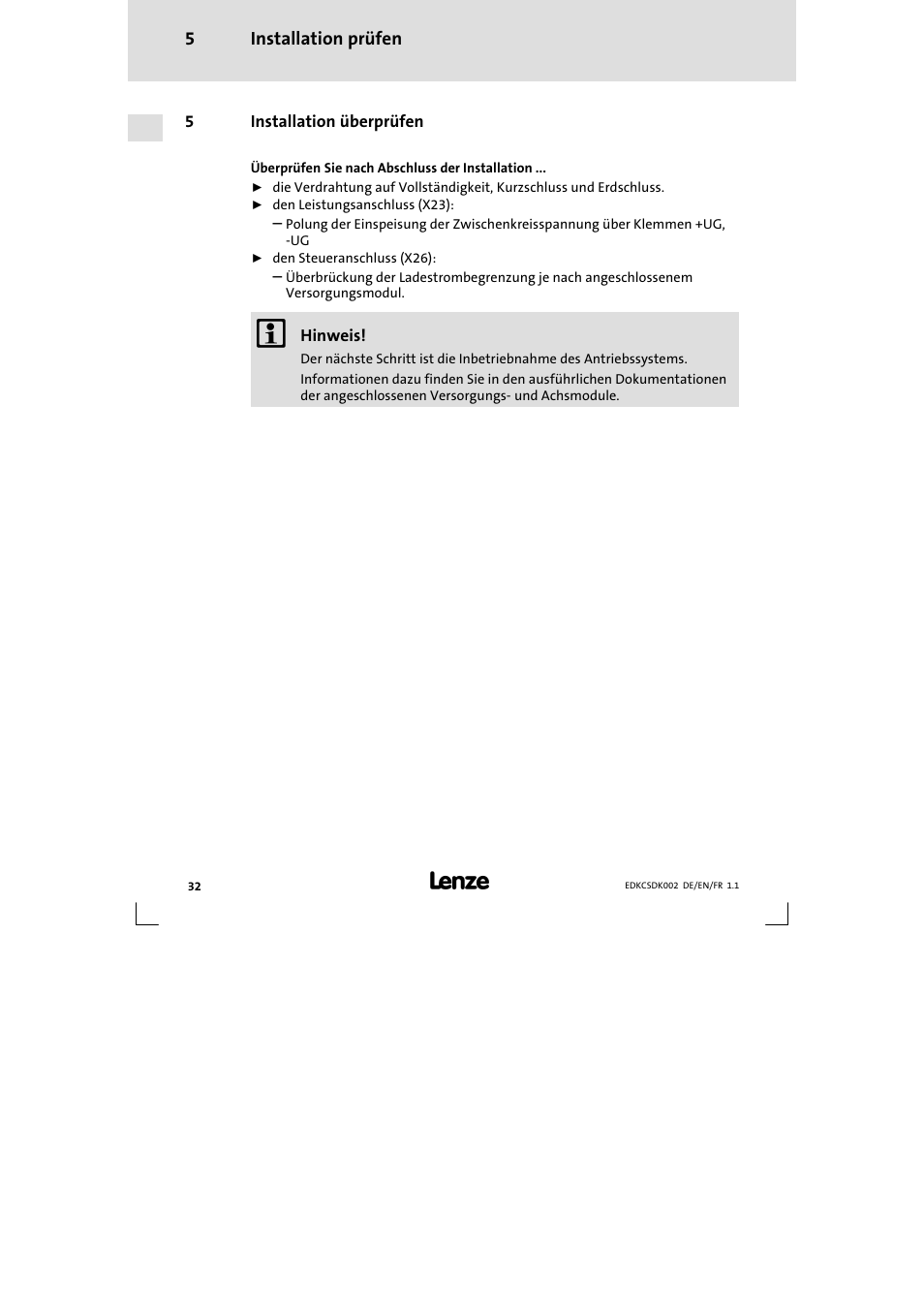 5 installation überprüfen, Installation überprüfen | Lenze ECSDKxxx User Manual | Page 32 / 94