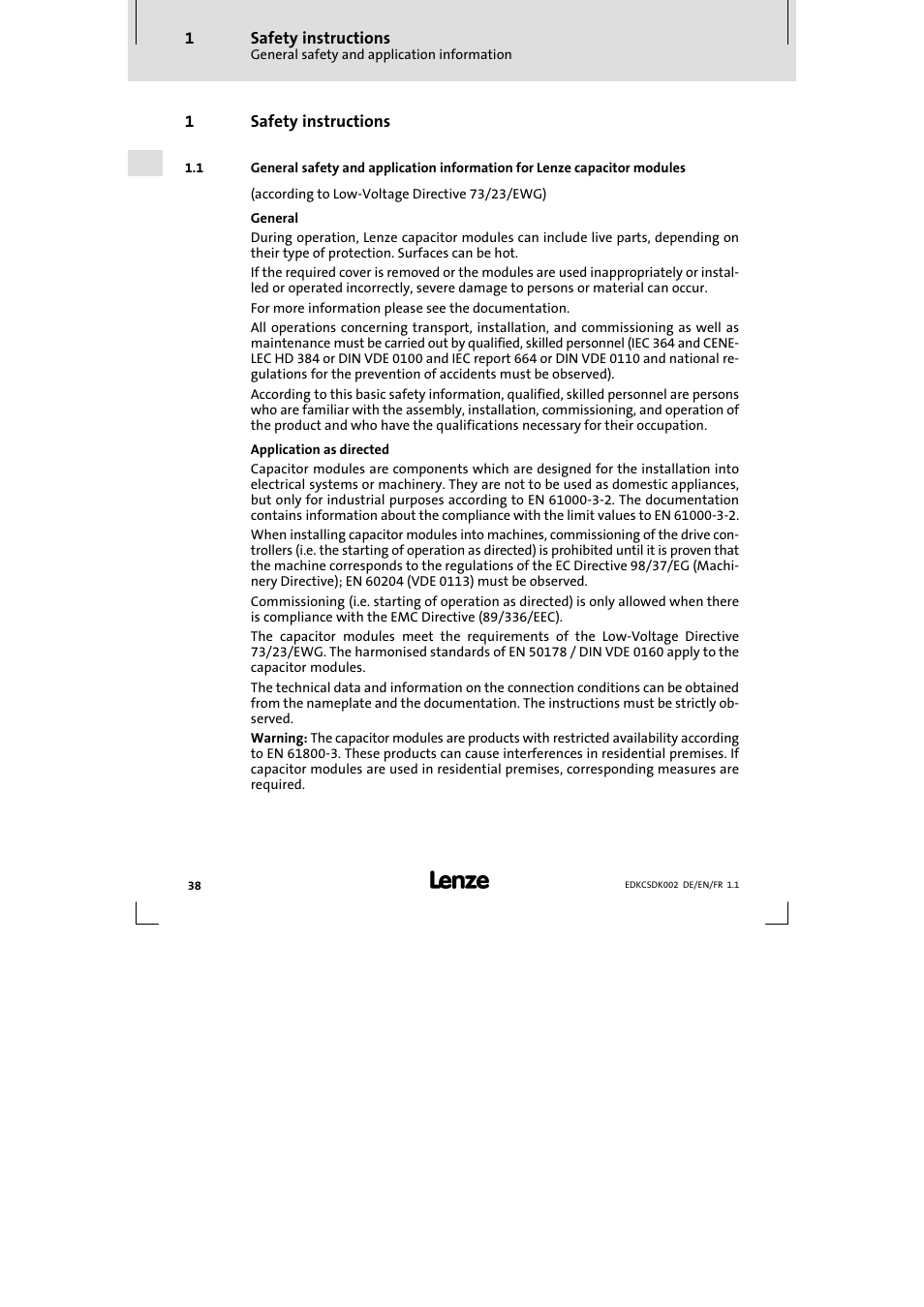 1 safety instructions, Safety instructions | Lenze ECSDKxxx User Manual | Page 38 / 94