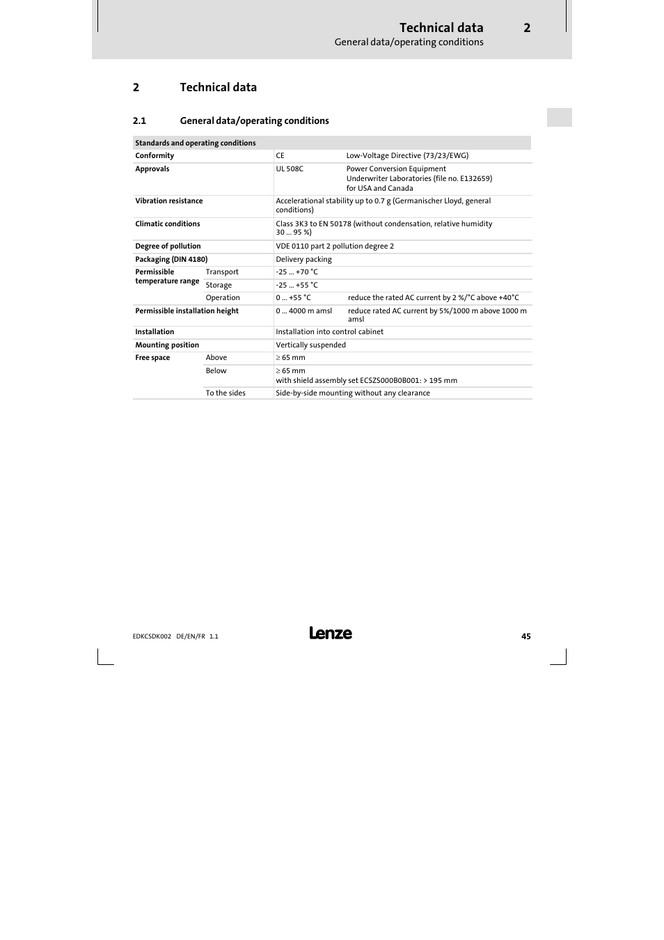 2 technical data, 1 general data/operating conditions, Technical data | General data/operating conditions, 2technical data | Lenze ECSDKxxx User Manual | Page 45 / 94