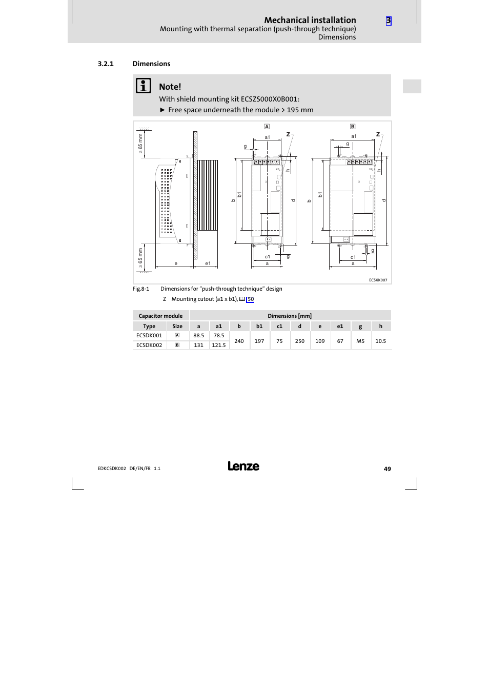 1 dimensions, Dimensions, Mechanical installation | Lenze ECSDKxxx User Manual | Page 49 / 94