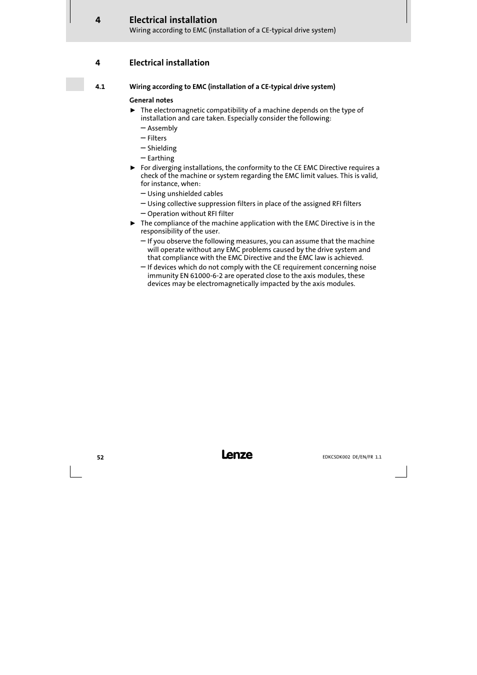 4 electrical installation, Electrical installation | Lenze ECSDKxxx User Manual | Page 52 / 94