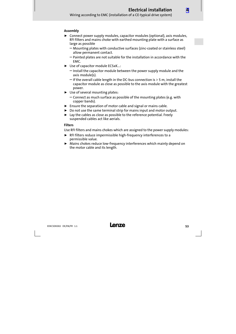 Electrical installation | Lenze ECSDKxxx User Manual | Page 53 / 94