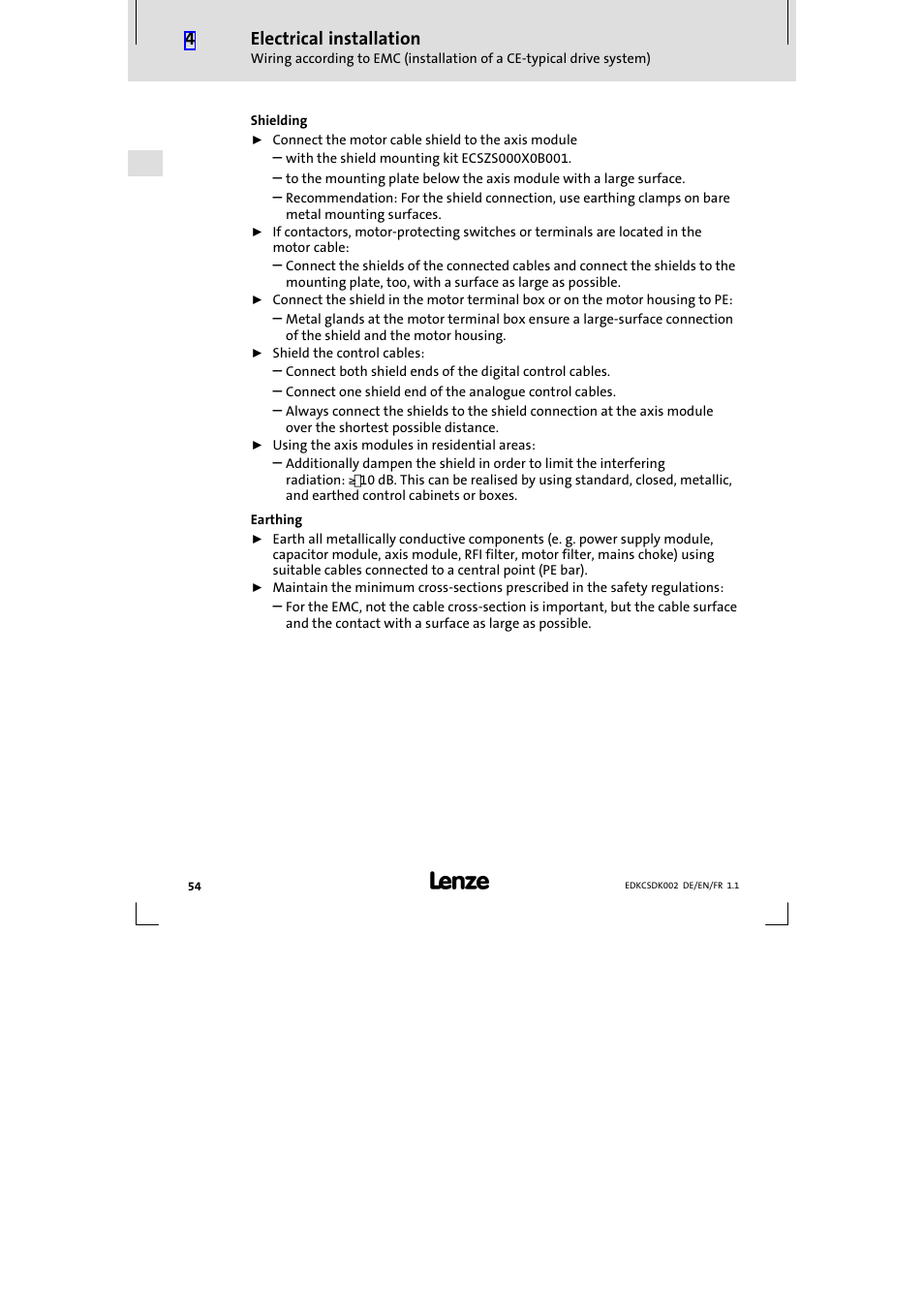 Electrical installation | Lenze ECSDKxxx User Manual | Page 54 / 94
