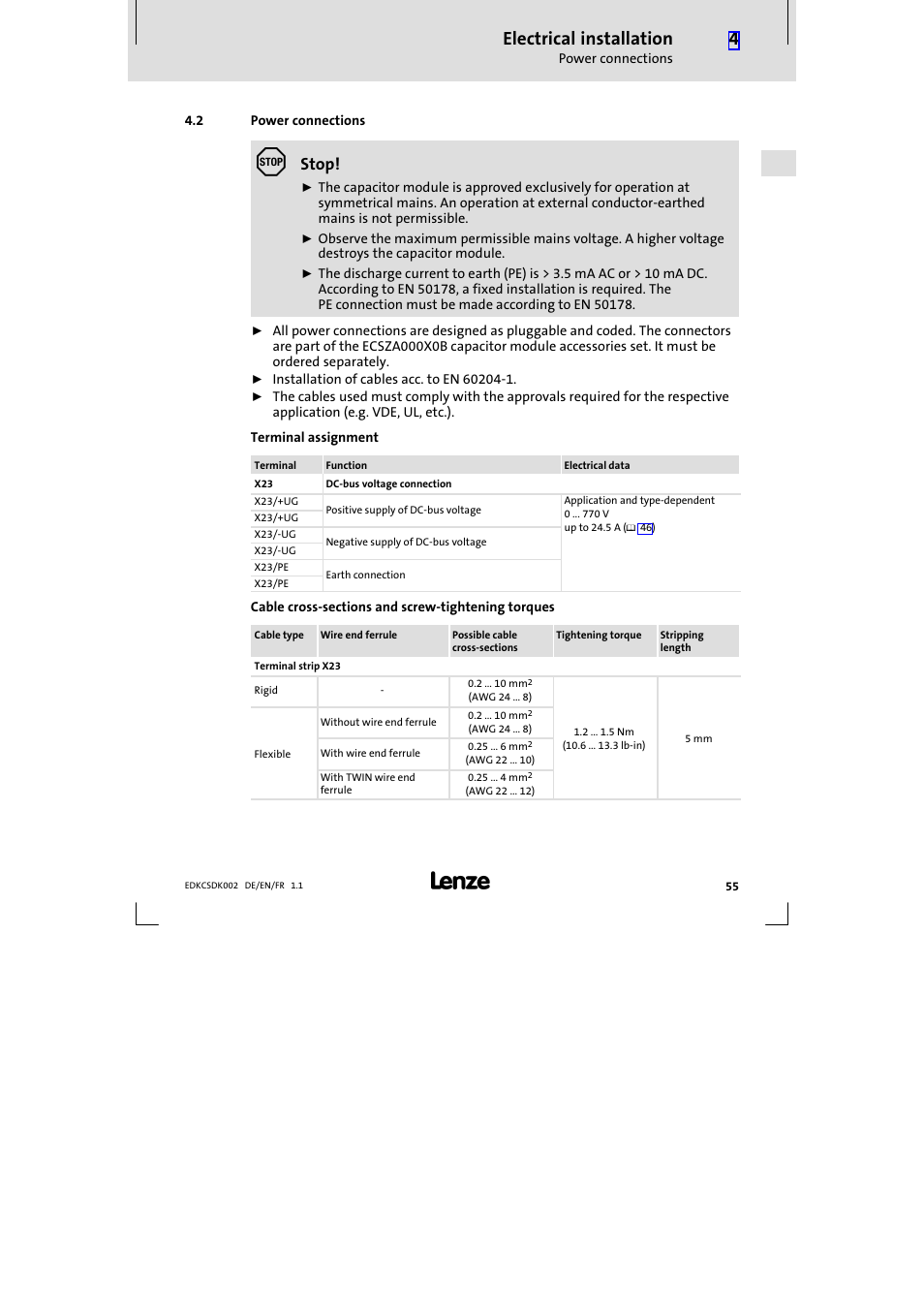 2 power connections, Power connections, Electrical installation | Stop | Lenze ECSDKxxx User Manual | Page 55 / 94