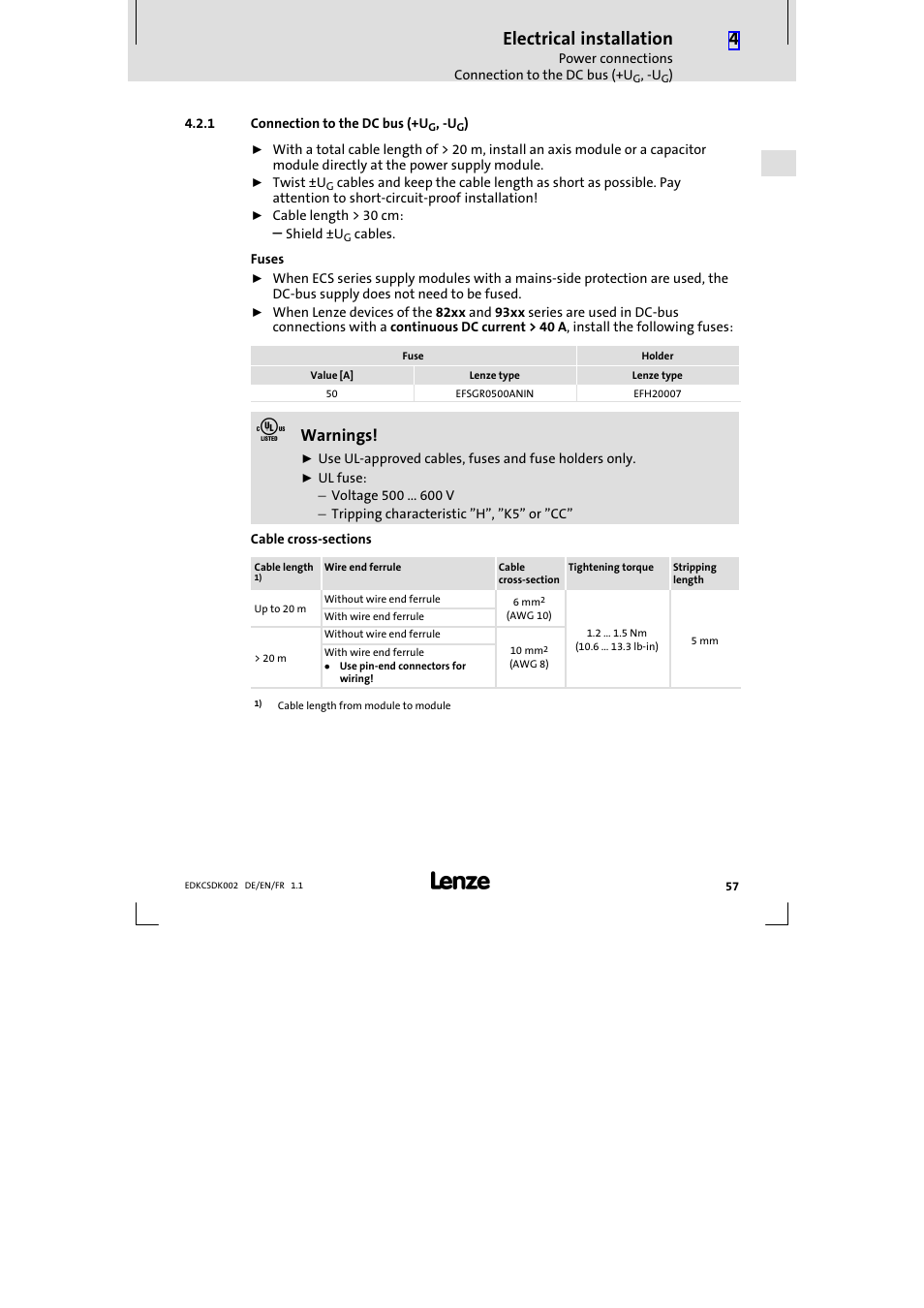 1 connection to the dc bus (+ug, -ug), Connection to the dc bus (+ug, −ug), Electrical installation | Warnings | Lenze ECSDKxxx User Manual | Page 57 / 94