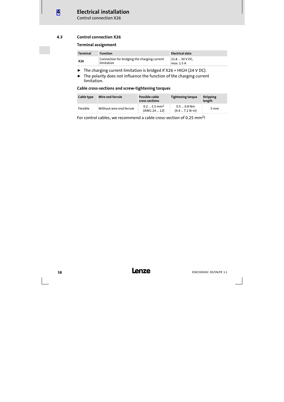 3 control connection x26, Control connection x26, Electrical installation | Lenze ECSDKxxx User Manual | Page 58 / 94