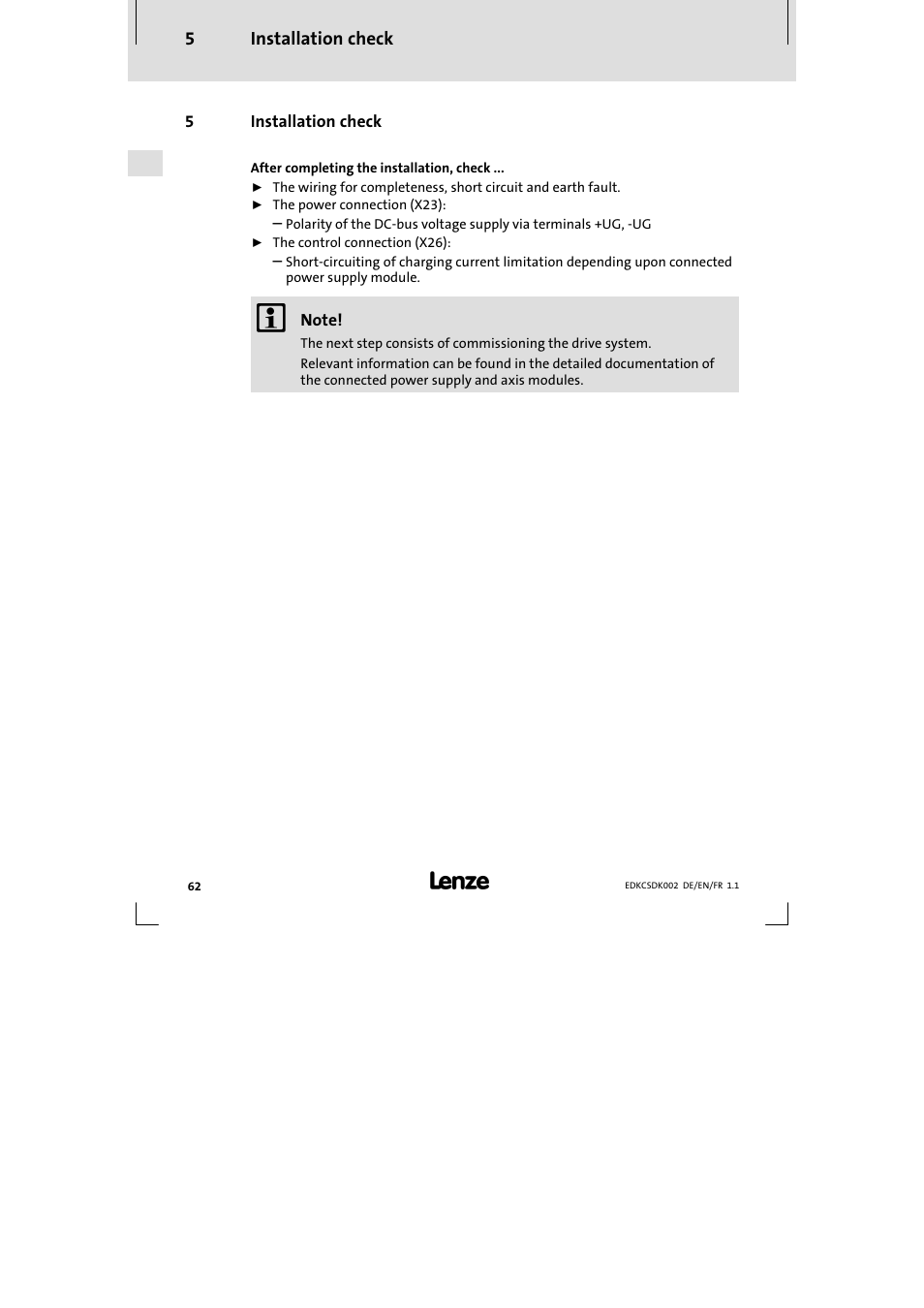 5 installation check, Installation check | Lenze ECSDKxxx User Manual | Page 62 / 94